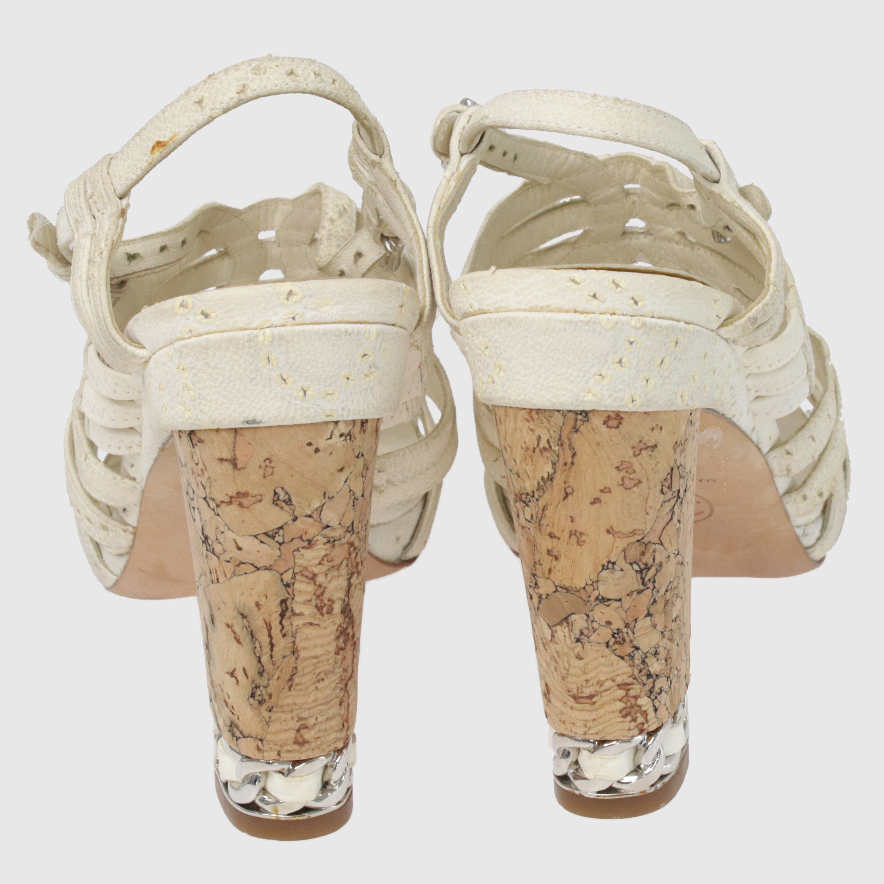 Cream Chain Embellished Cork Heel Strappy Sandal