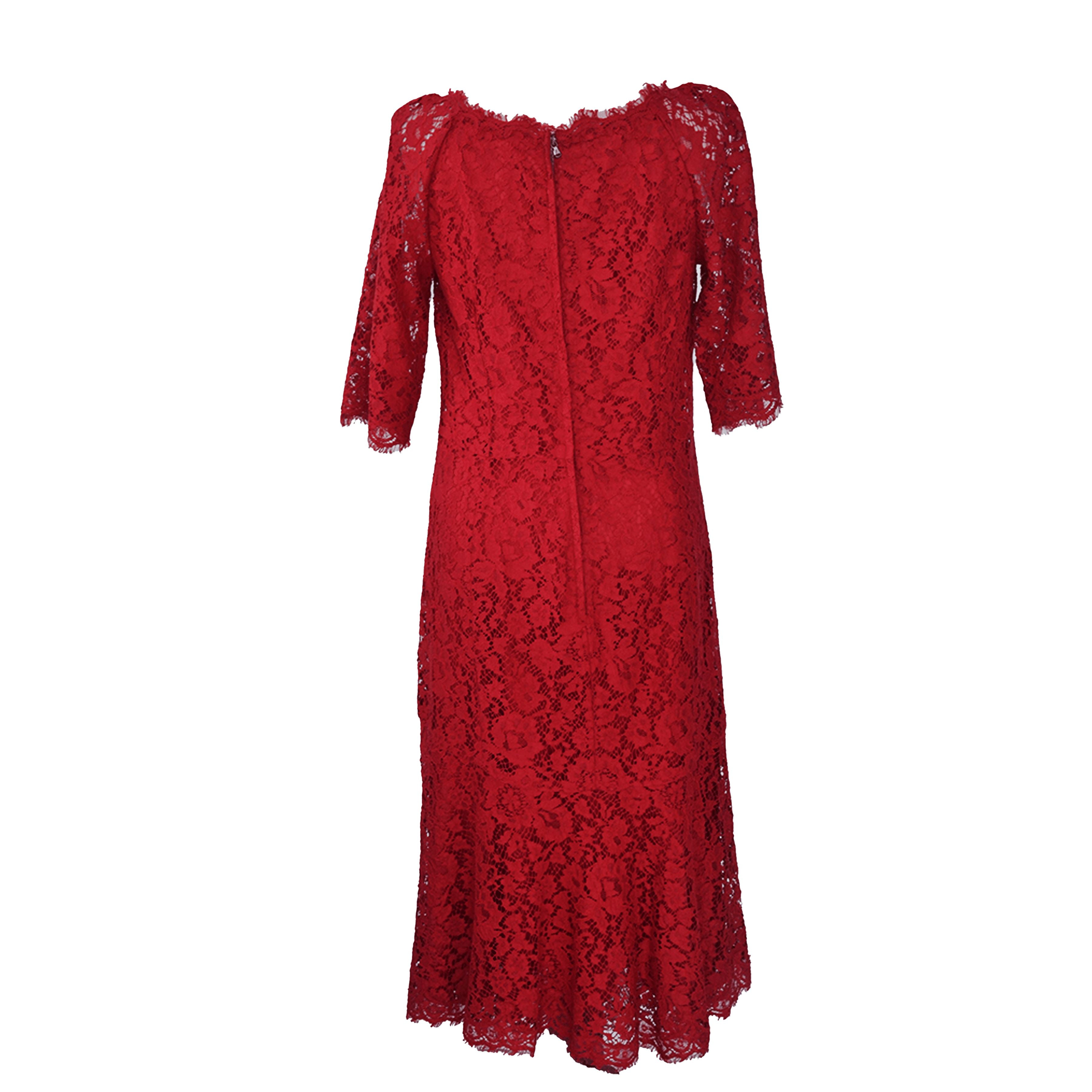 Red 3/4 Sleeve Lace Midi Dress Clothing Dolce & Gabbana 