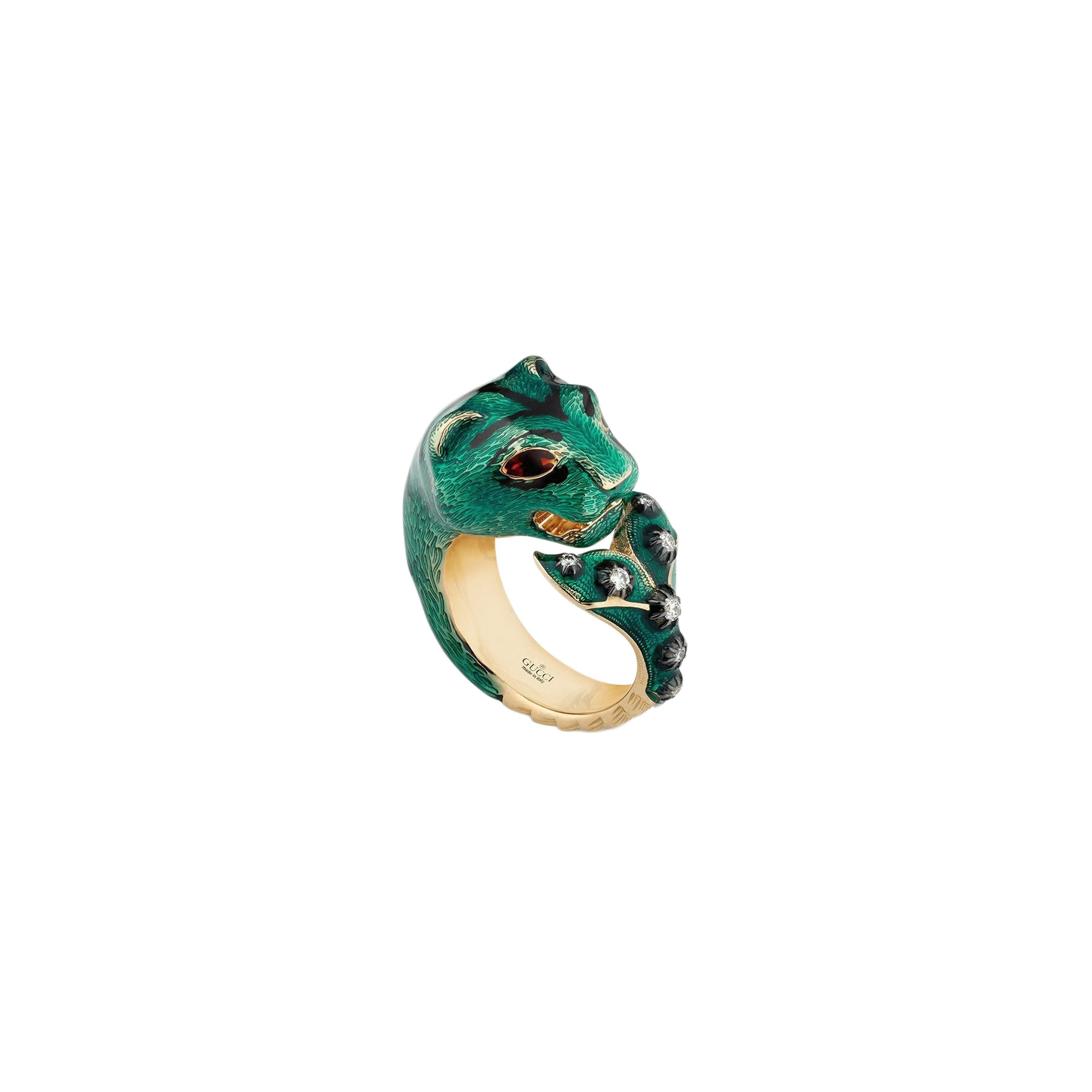 Green Gold Diamond Enamel Le Marche Des Merveilles Tiger Head Ring Fine Jewelry Gucci 