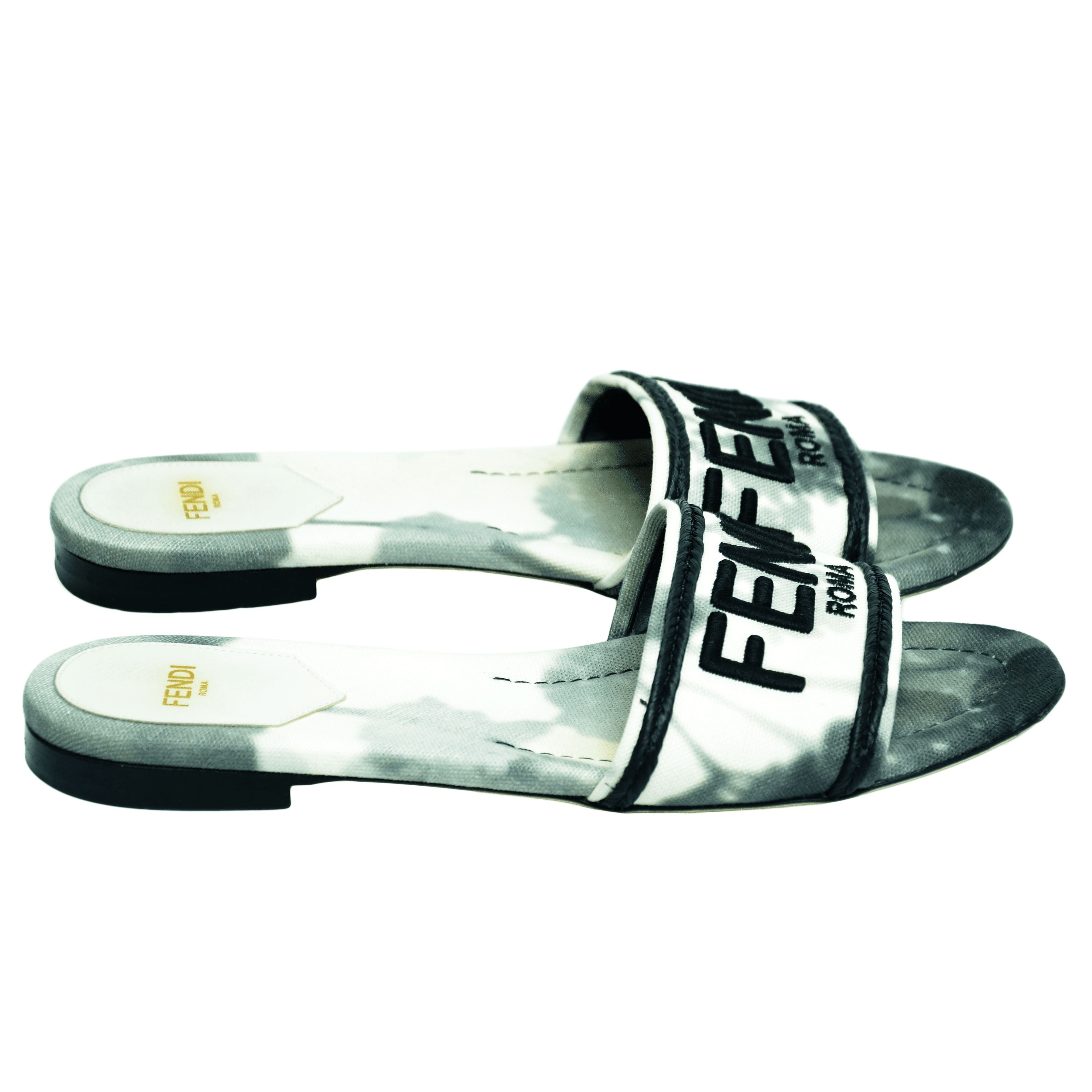 Grey White 'Floral' Flat slides Shoes Fendi 