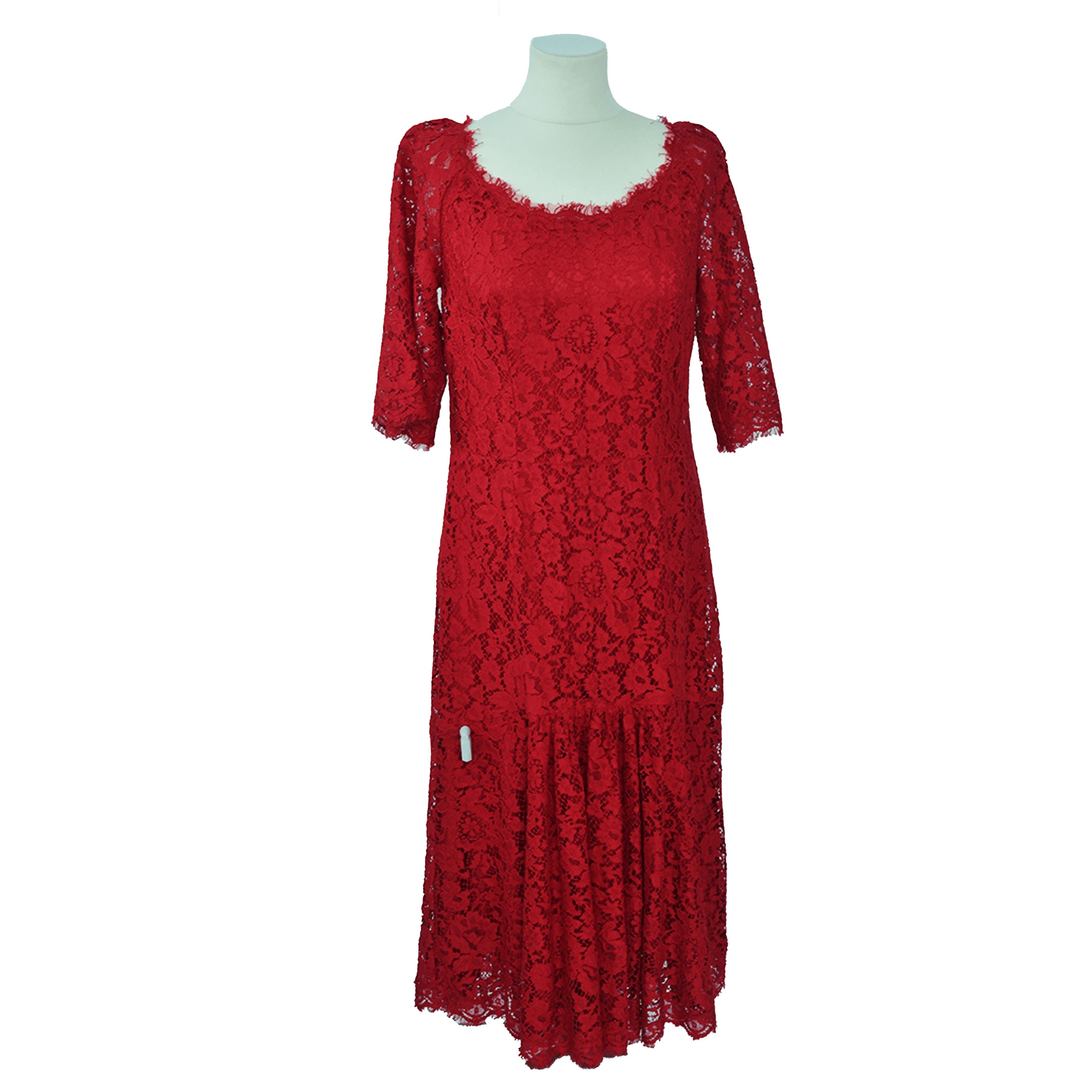 Red 3/4 Sleeve Lace Midi Dress Clothing Dolce & Gabbana 