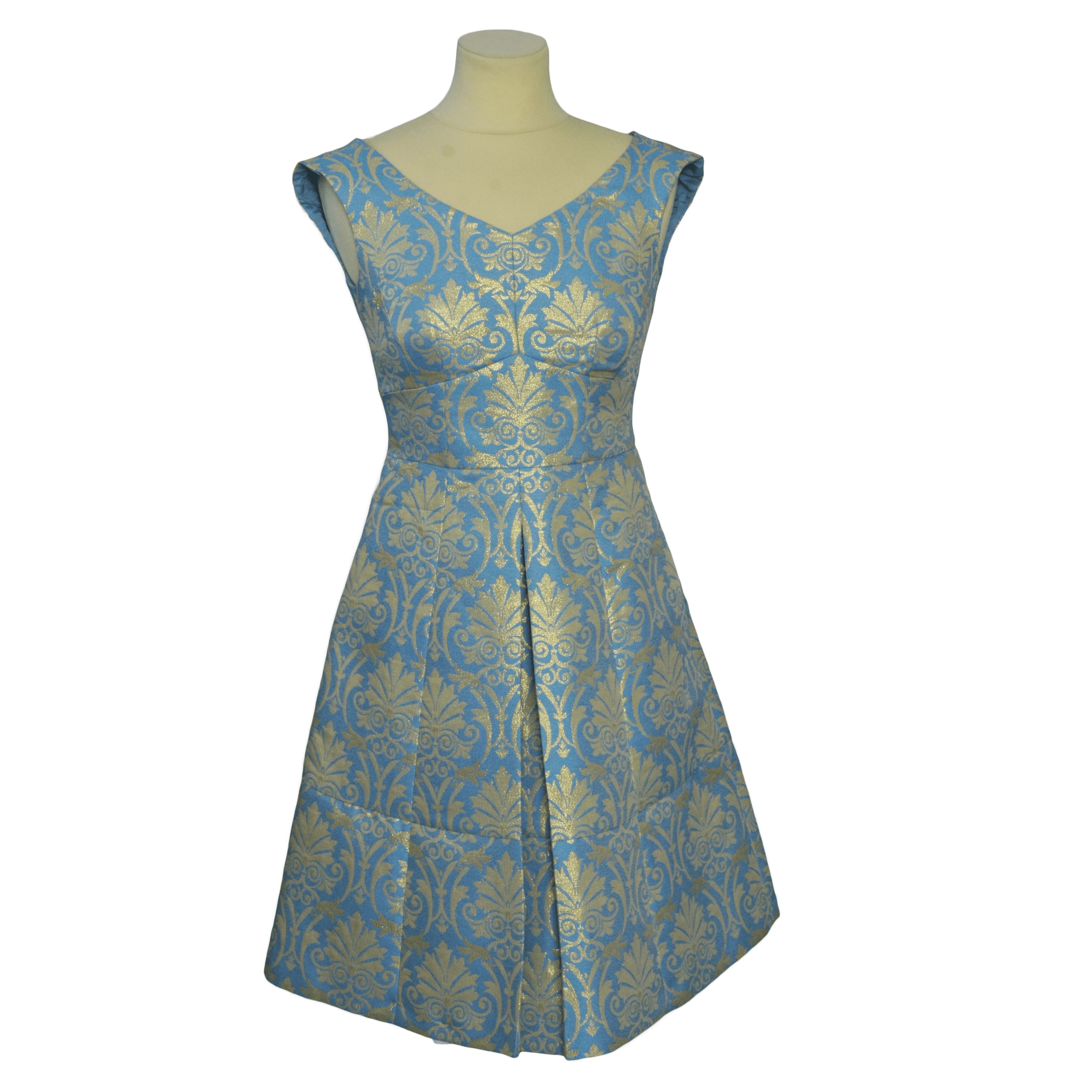 Light Blue/Metallic Gold Jacquard Sleeveless Dress Clothing Manoukian 