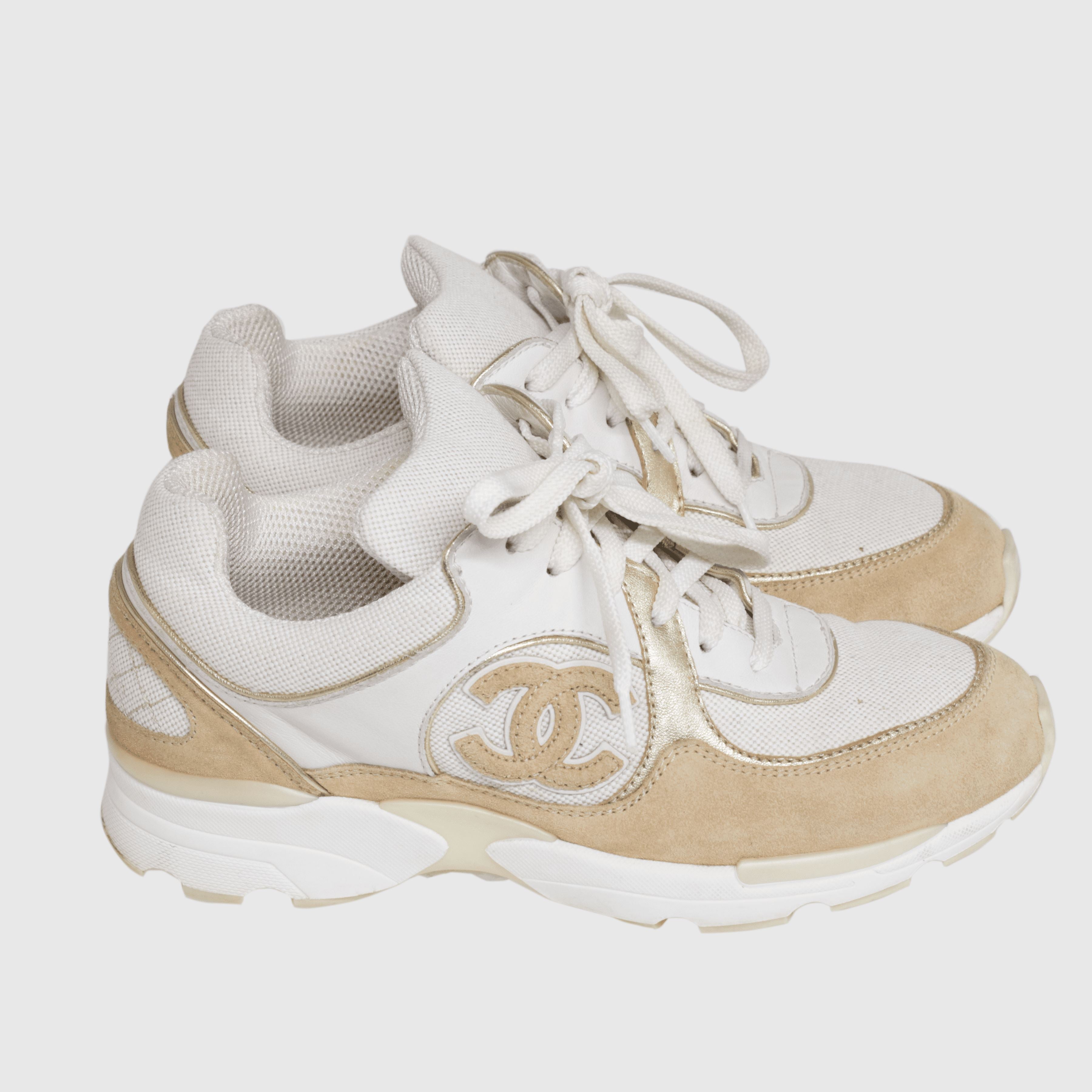 White/Beige Canvas CC Logo Lace Up Sneakers Shoes Chanel 