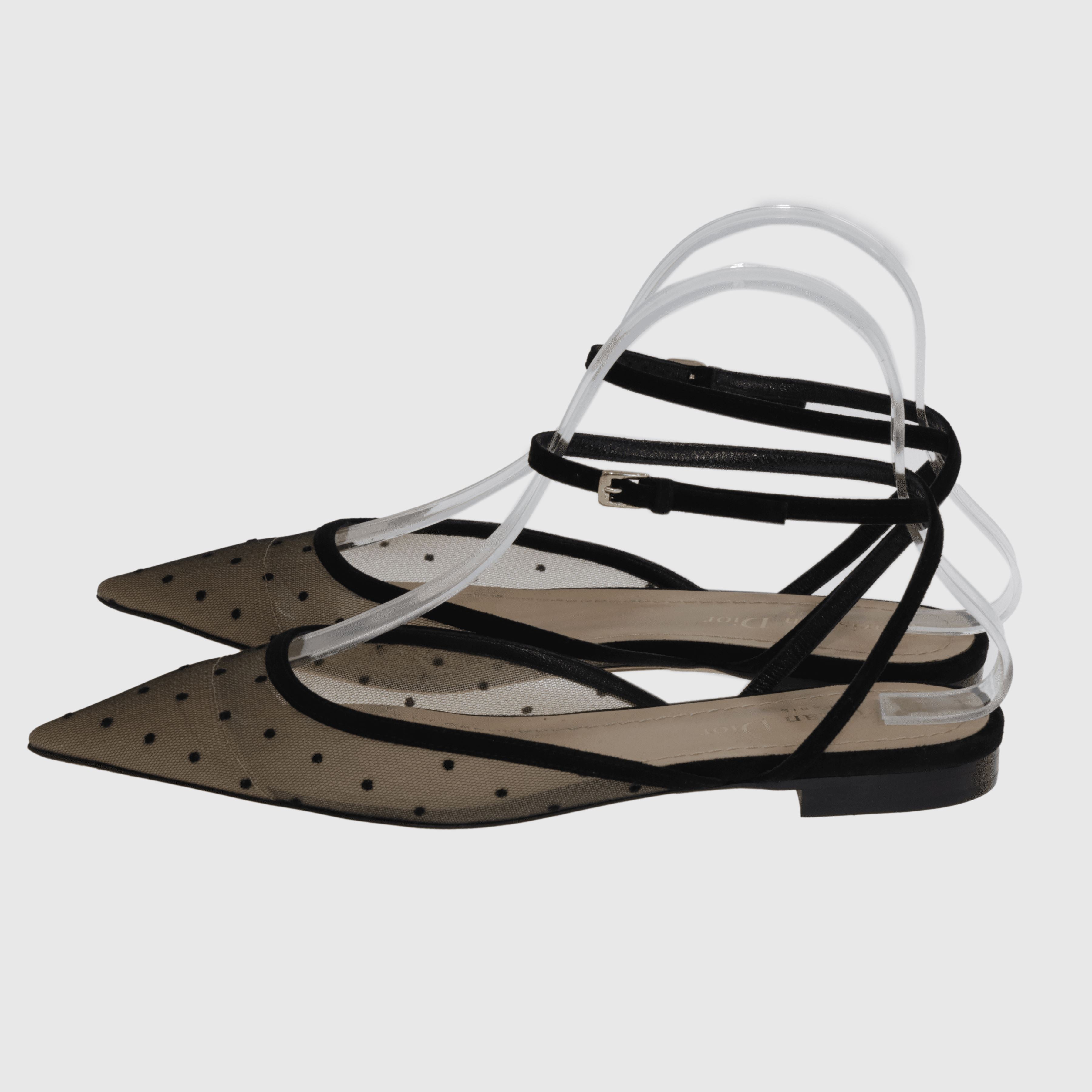 Black Mesh Polka Dot Ankle Strap Flat Sandals Shoes Christian Dior 