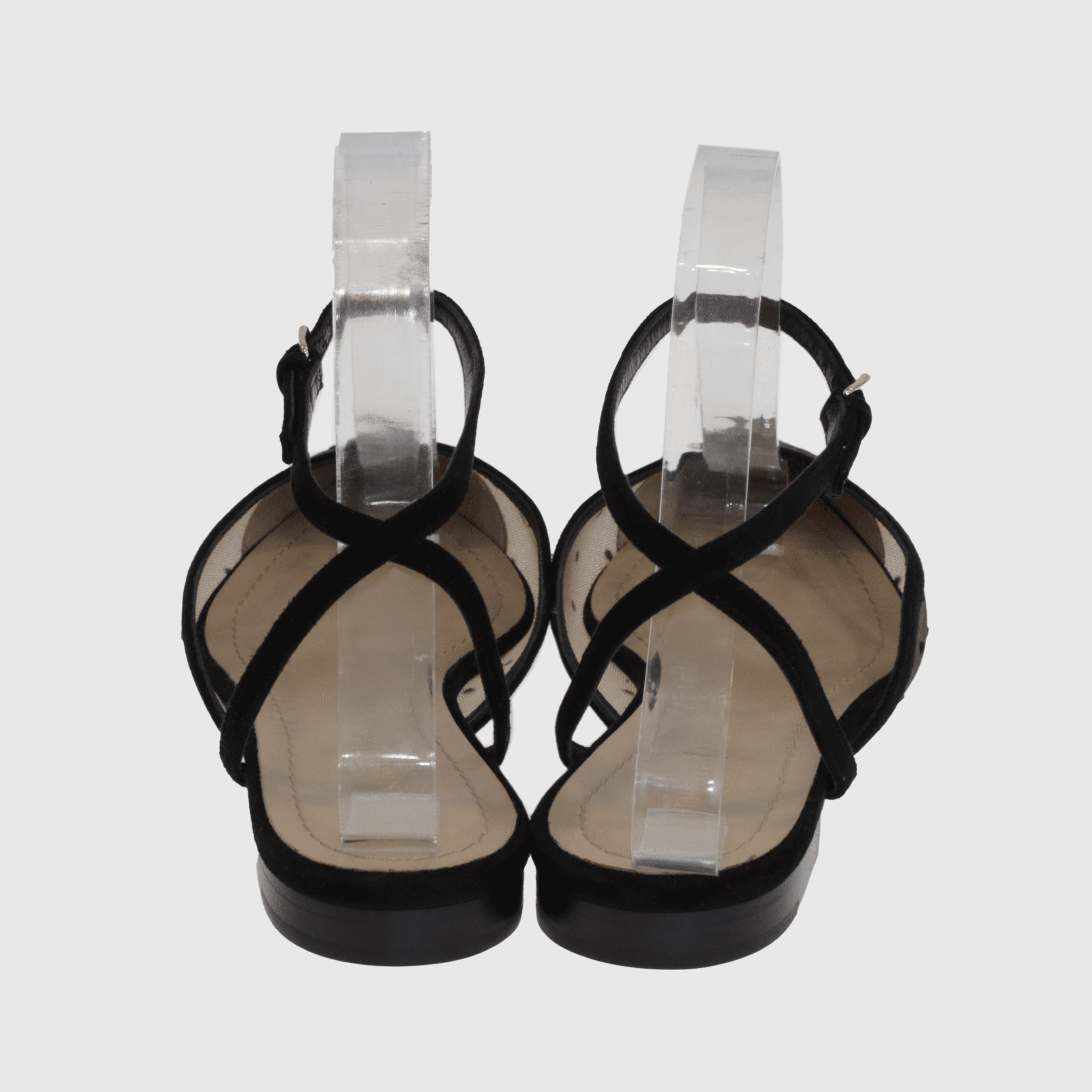 Black Mesh Polka Dot Ankle Strap Flat Sandals Shoes Christian Dior 