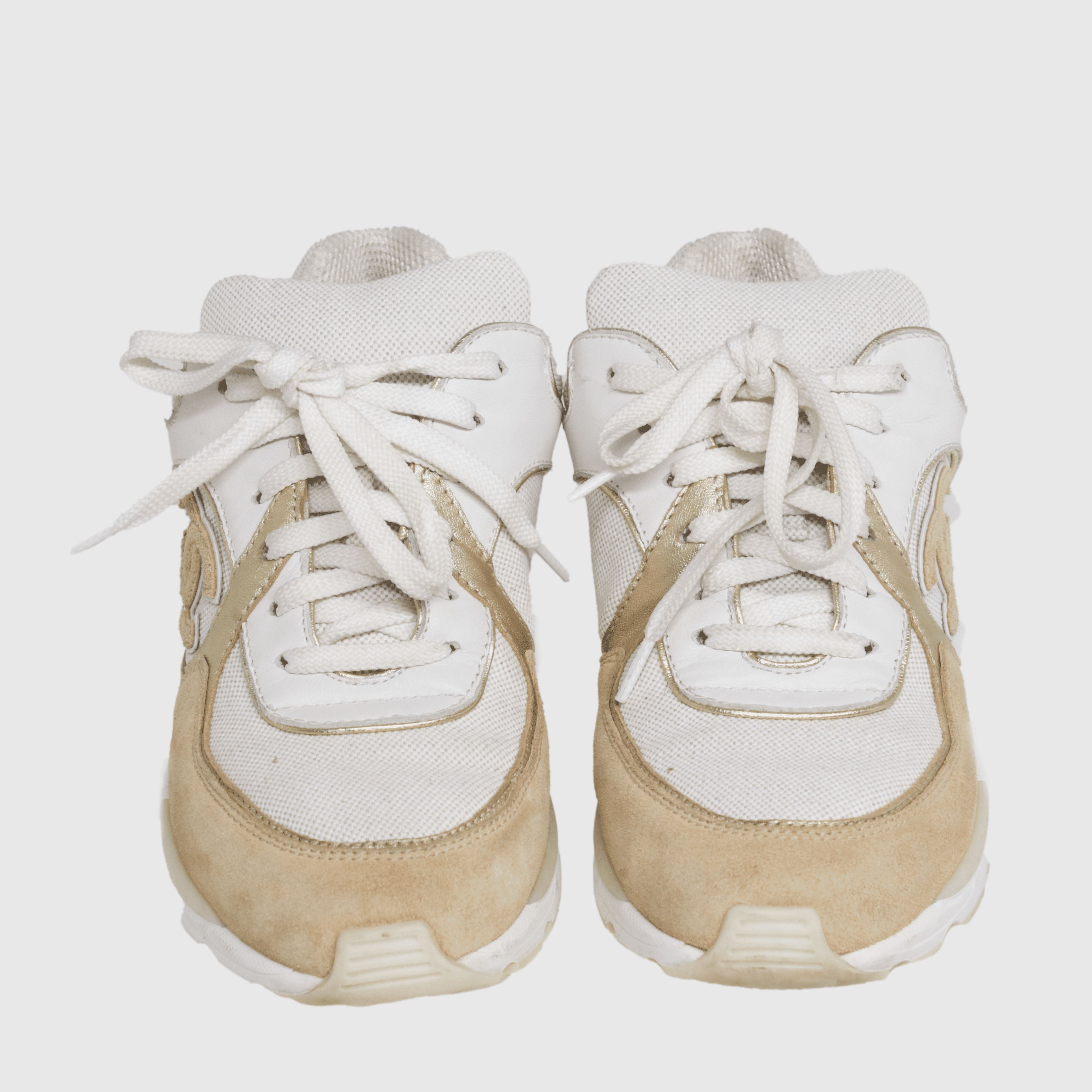White/Beige Canvas CC Logo Lace Up Sneakers Shoes Chanel 