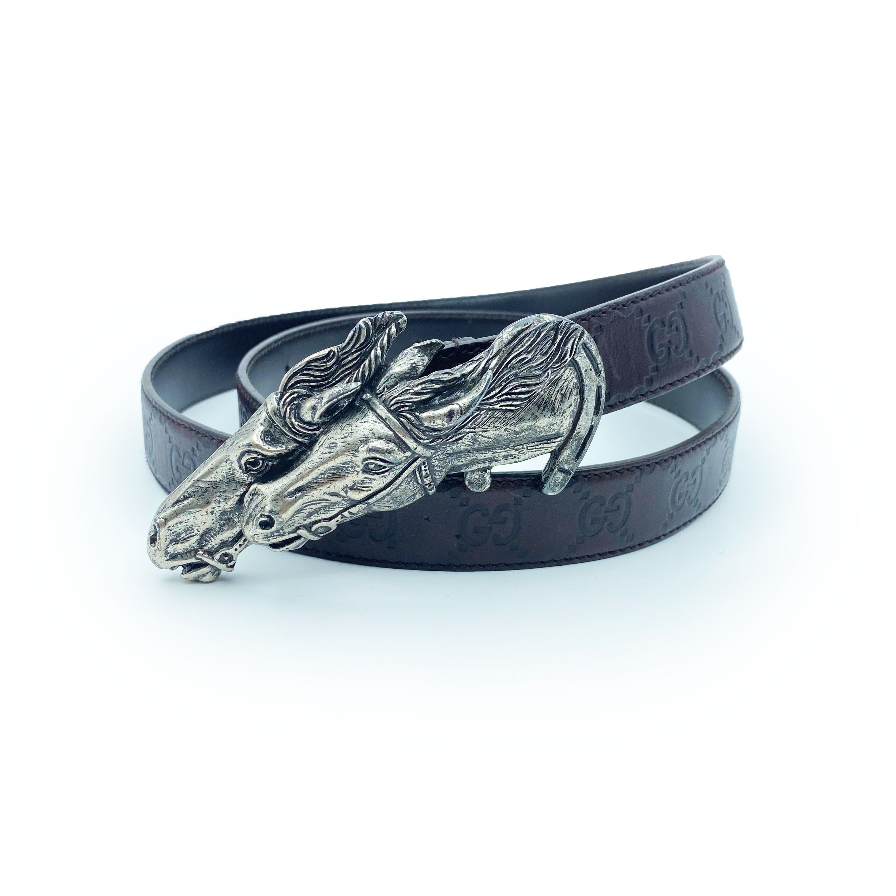 Gucci Silver Toned Double Horse Head Leather Belt
